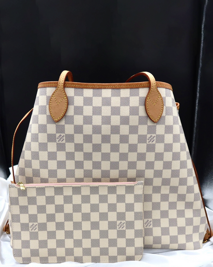 Louis Vuitton Neverfull 18.5 x 11 x 5.5IN MM Damier Azur Canvas Leather Trim Gold-Tone Hardware Leather Strap (Neverfull)