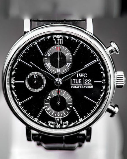 No Reserve - 2025 IWC Schaffhausen Portofino Chronograph 42MM Black Dial Leather Strap (IW391029)