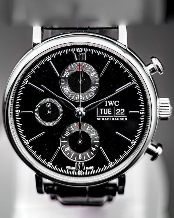 No Reserve - 2025 IWC Schaffhausen Portofino Chronograph 42MM Black Dial Leather Strap (IW391029)