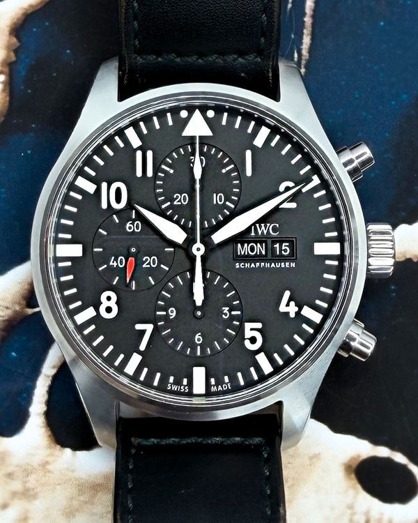 2018 IWC Schaffhausen Pilot Chronograph 43MM Black Dial Aftermarket Leather Strap (IW377709)
