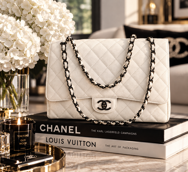 Chanel Bag Classic Jumbo Double Flap Medium White Leather Steel Hardware Chain/Leather Strap (Bag)
