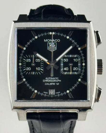 Tag Heuer Monaco 39MM Black Dial Leather Strap (CAW2110)