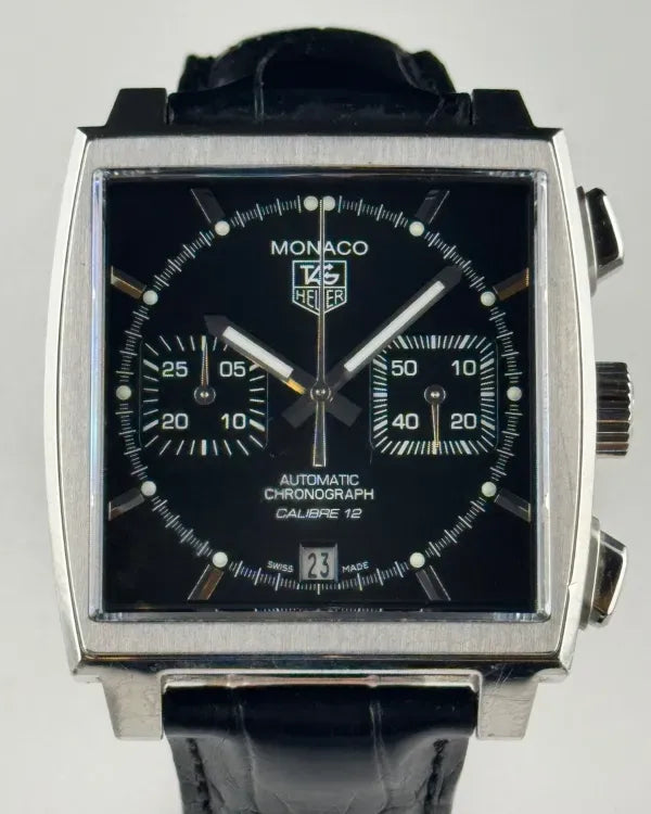 Tag Heuer Monaco 39MM Black Dial Leather Strap (CAW2110)