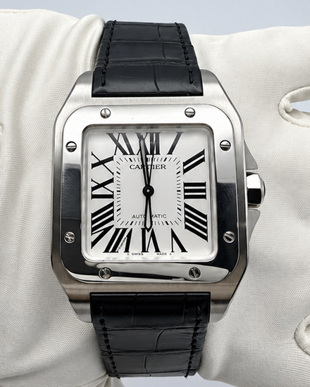 No Reserve - Cartier Santos 100 41.3MM Silver Dial Leather Strap (W20073X8)