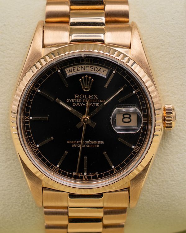 1986 Rolex Day-Date 36MM Black Dial Yellow Gold President Bracelet (18038)