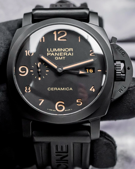 2012 Panerai Luminor 1950 3 Days GMT Ceramica 44MM Black Dial Rubber Strap (PAM00441)