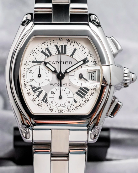 2005 Cartier Roadster Chronograph XL 43MM Silver Dial Steel Bracelet (W62006X6)