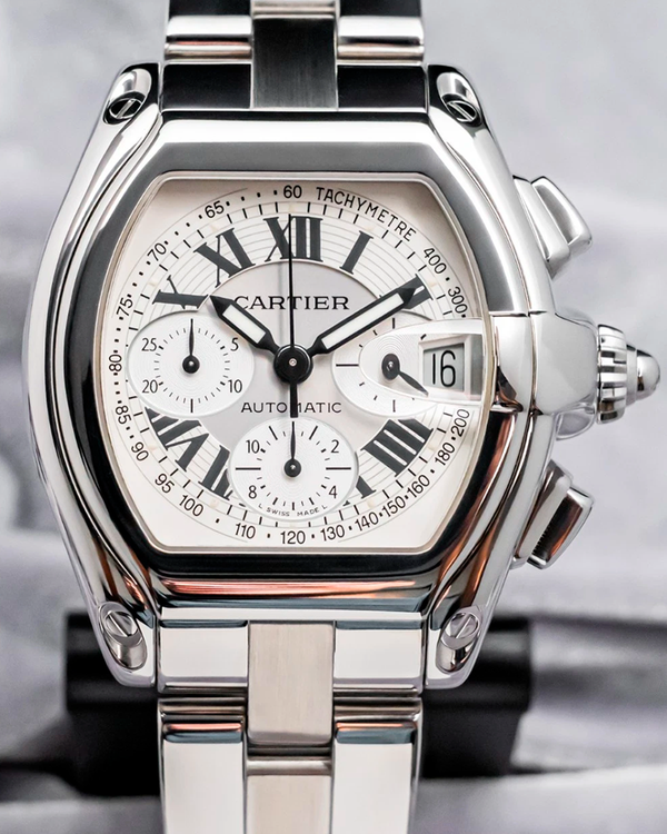 2005 Cartier Roadster Chronograph XL 43MM Silver Dial Steel Bracelet (W62006X6)
