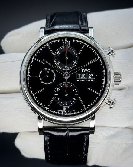 No Reserve - 2021 IWC Schaffhausen Portofino Chronograph 42MM Black Dial Leather Strap (IW391029)