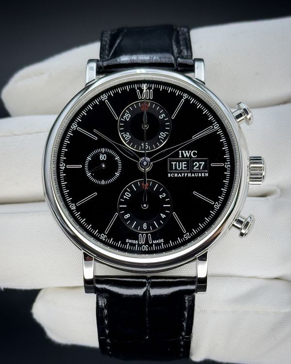 No Reserve - 2021 IWC Schaffhausen Portofino Chronograph 42MM Black Dial Leather Strap (IW391029)
