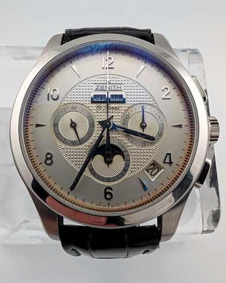 Zenith El Primero Moonphase Chronograph 40MM Silver Dial Leather Strap (03.0510.4100/02.C492)