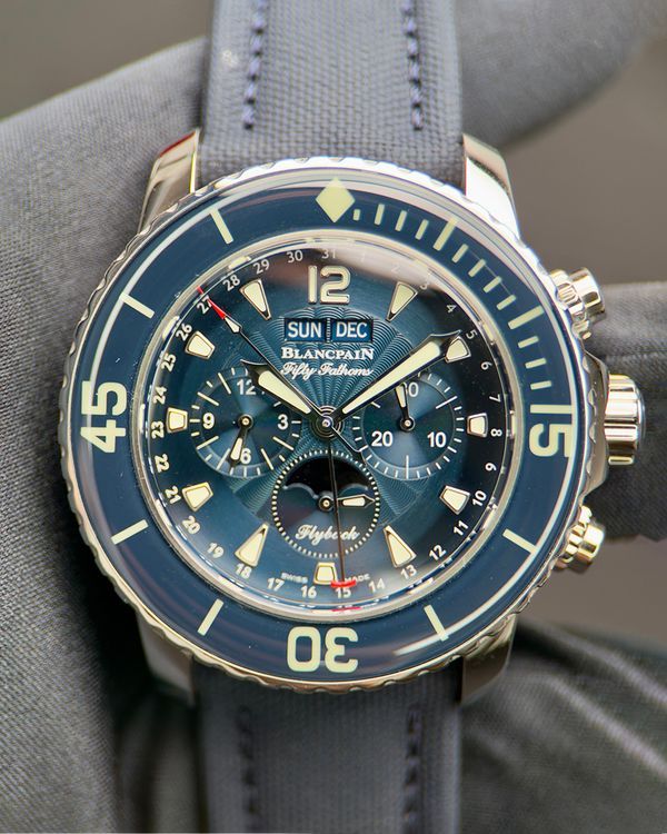 2022 Blancpain Fifty Fathoms Flyback "Quantième Complet" 45MM Blue Dial Textile Strap (5066F-1140-52B)