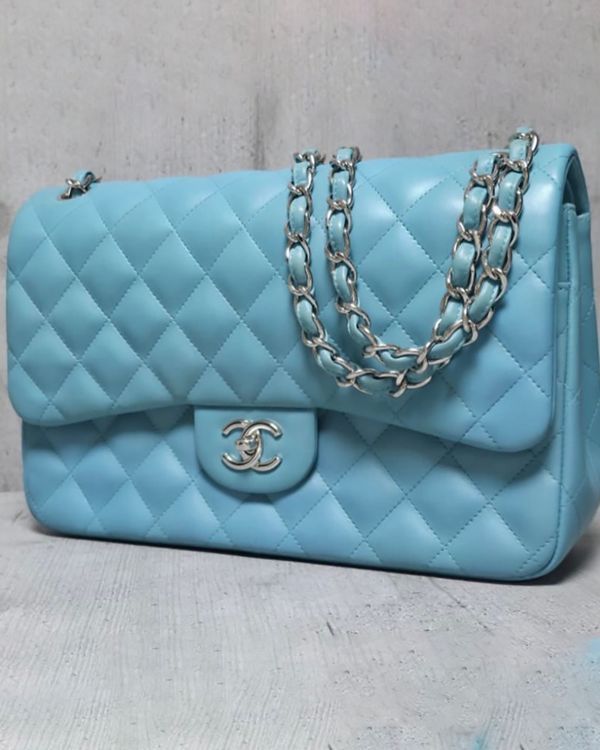 Chanel Bag classic Double Flap Light Blue Quilted Leather Silver-Tone Hardware Leather/Chain Strap (Chanel Classic Flap)