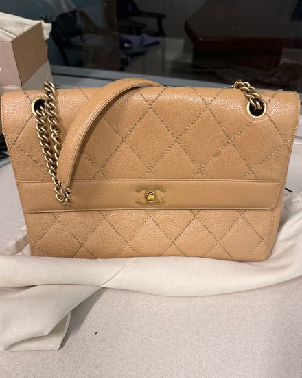 Chanel Trapezoid Classic Medium Bag Quilted Leather Beige Gold Tone Hardware Leather Chain Strap (Handbag)