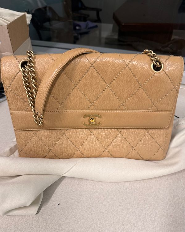 Chanel Trapezoid Classic Medium Bag Quilted Leather Beige Gold Tone Hardware Leather Chain Strap (Handbag)