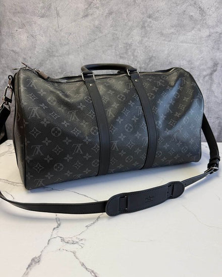 Louis Vuitton Keepall Bandoulière 45 Black Monogram Eclipse Coated Canvas Silver-Tone Hardware Leather Strap (M14202)