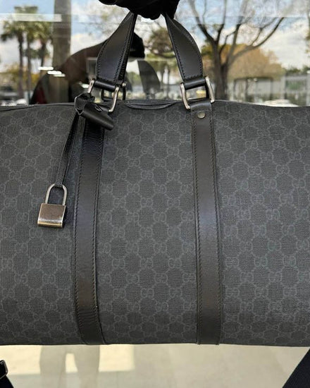 Gucci GG Black Duffle Bag Large Coated Canvas Silver-Tone Hardware Textile Strap (792075FADJA1042)