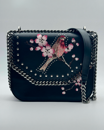 Stella McCartney Falabella Box Bird Medium Shoulder Bag Eco Alter Nappa Black Multicolor Ruthenium Hardware Chain Strap (Shoulder Bag)