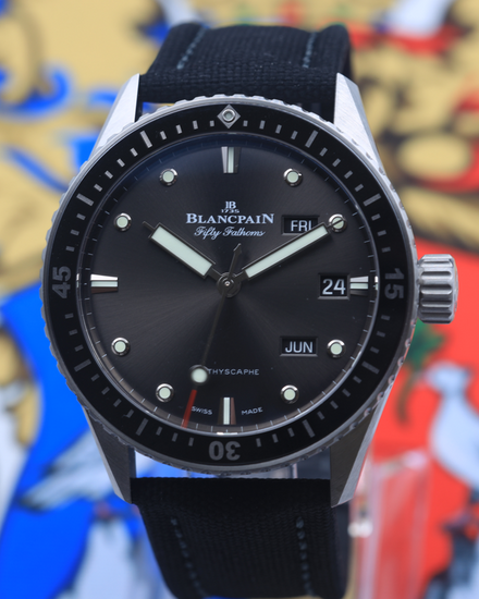 2019 Blancpain Fifty Fathoms Bathyscaphe Quantième Annuel 43MM Grey Dial Textile Strap (5071-1110-B52A)