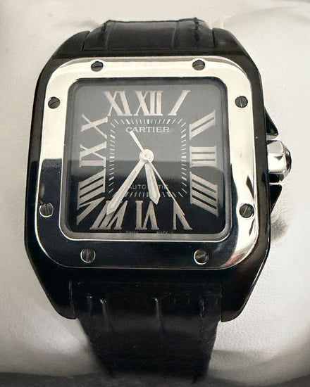 Cartier Santos 100 Medium 35.6MM Black Dial Leather Strap (W2020008)