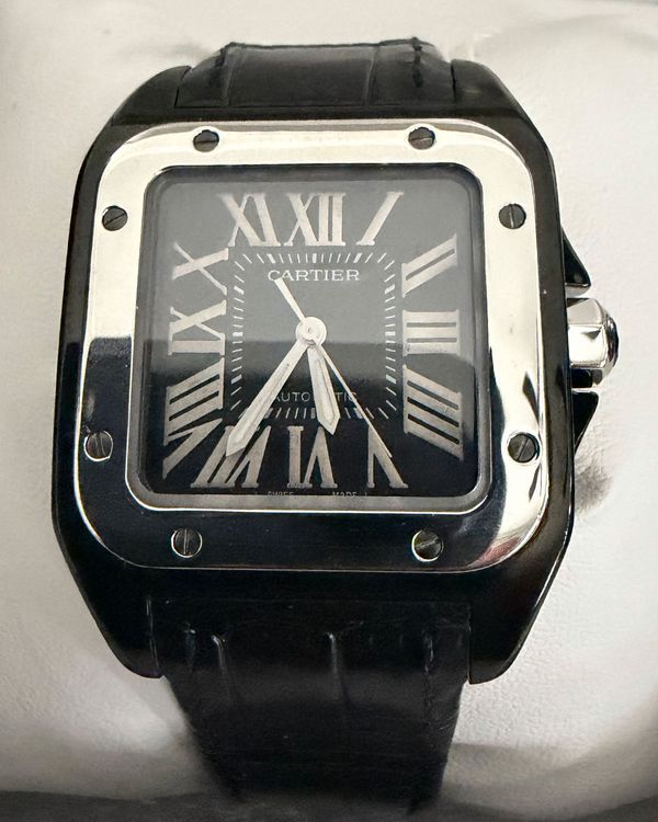 Cartier Santos 100 Medium 35.6MM Black Dial Leather Strap (W2020008)