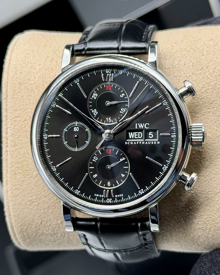 No Reserve - 2021 IWC Schaffhausen Portofino Chronograph 42MM Black Dial Leather Strap (IW391029)