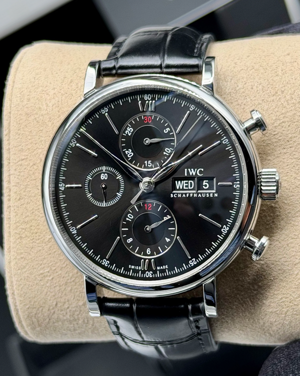 No Reserve - 2021 IWC Schaffhausen Portofino Chronograph 42MM Black Dial Leather Strap (IW391029)