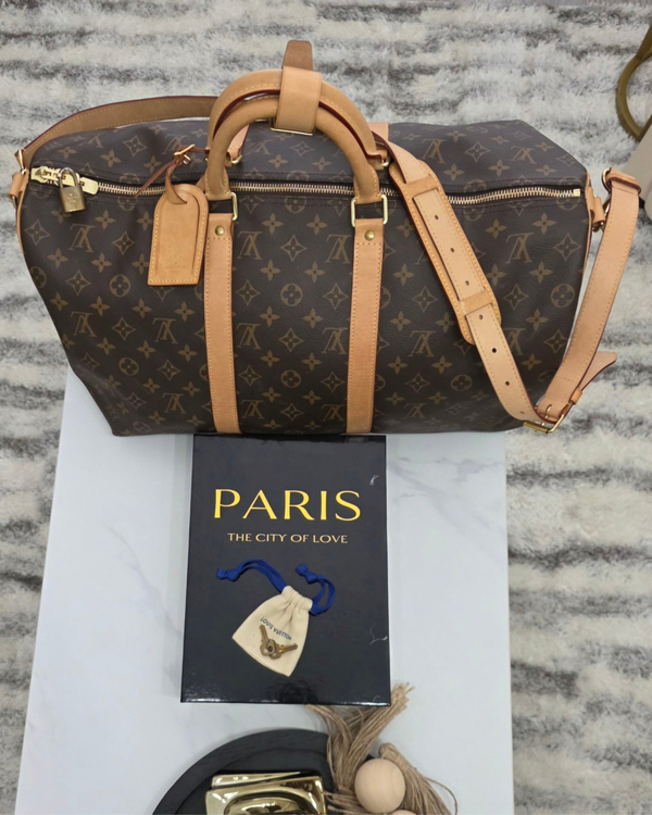 Louis Vuitton Keepall Bandoulière 55 Large Brown Monogram Canvas Gold-Hardware Leather Straps (LV Keepall)