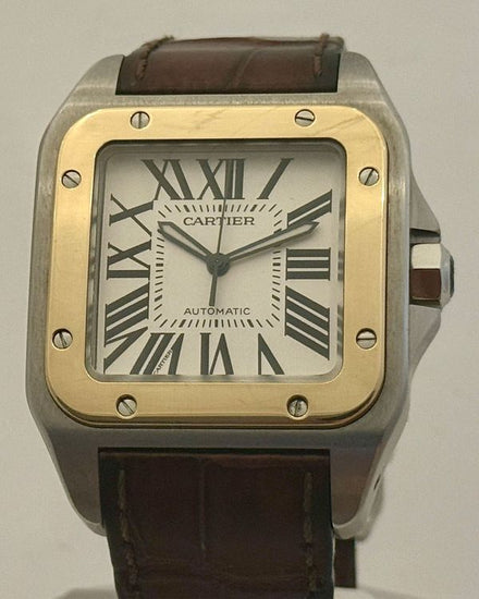 Cartier Santos 100 De Cartier 38MM Off-White Dial Leather Strap (2656)