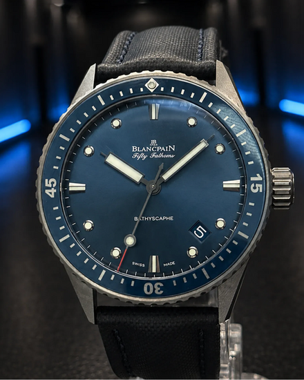 No Reserve - 2018 Blancpain Fifty Fathoms 43MM Blue Dial Textile (5000-0240-05)