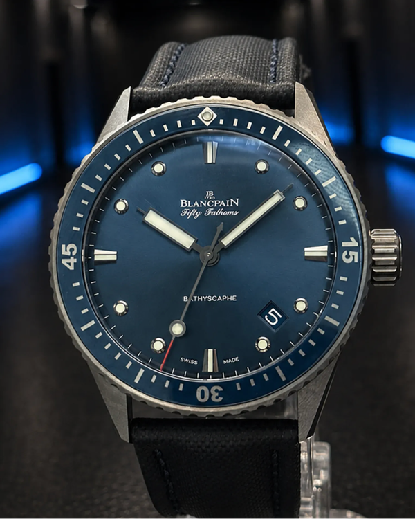 No Reserve - 2018 Blancpain Fifty Fathoms 43MM Blue Dial Textile (5000-0240-05)