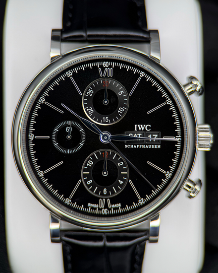 No Reserve - 2013 IWC Schaffhausen Portofino Chronograph 42MM Black Dial Leather Strap (IW391008)