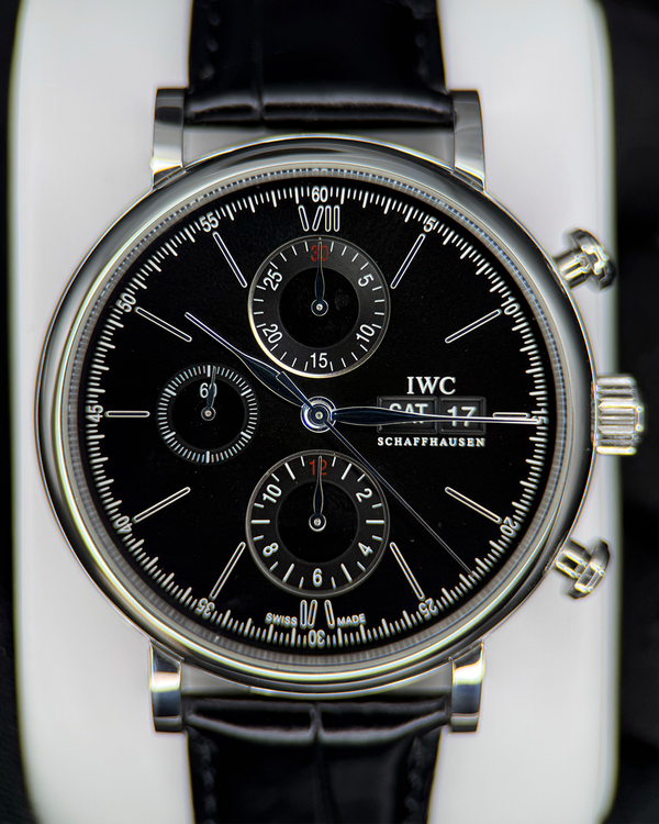 No Reserve - 2013 IWC Schaffhausen Portofino Chronograph 42MM Black Dial Leather Strap (IW391008)