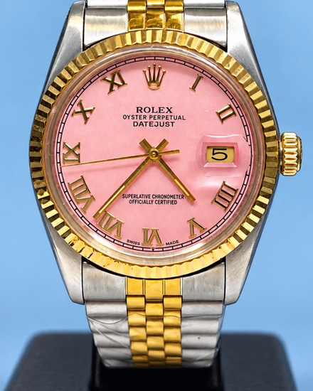 No Reserve - 1987 Rolex Datejust 36MM Aftermarket Pink Dial Aftermarket Two-Tone Gold-Plated Jubilee Bracelet (16013)