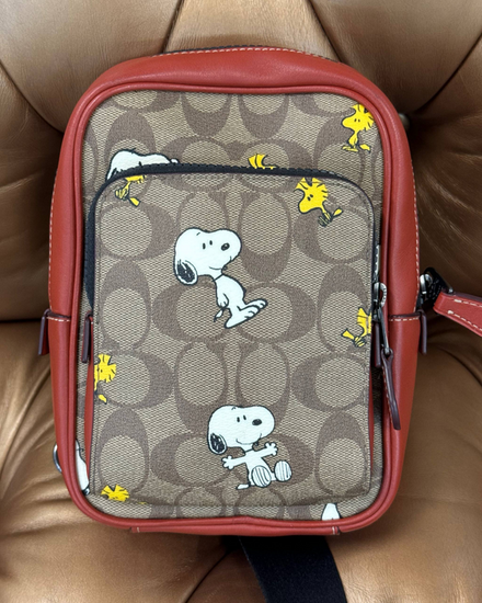 Coach Bag x Peanuts Track Pack L.E. 14IN Signature Coated Canvas With Snoopy Woodstock Print Leather Silver-Tone Hardware Textile Strap (CE600)