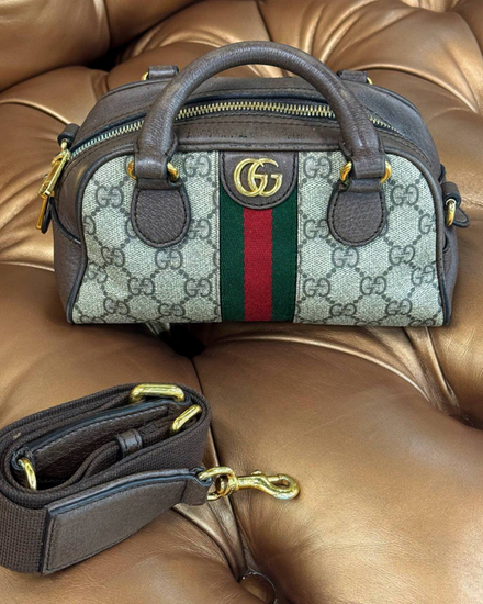 Gucci Ophidia Mini Boston Bag GG Supreme Canvas Beige Brown Gold Tone Hardware Leather Strap (Bag)