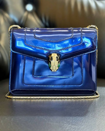 Bvlgari Bag Serpenti Forever Brushed Metallic Royal Sapphire Leather Gold-Tone Hardware Chain Strap (Serpenti Forever)
