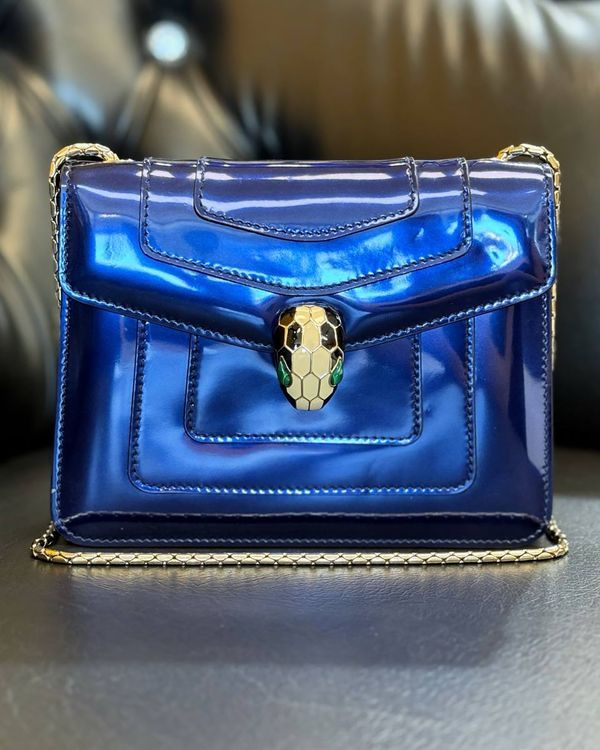 Bvlgari Bag Serpenti Forever 7.75 x 5.75 x 1.5IN Brushed Metallic Royal Sapphire Leather Gold-Tone Hardware Chain Strap (Serpenti Forever)