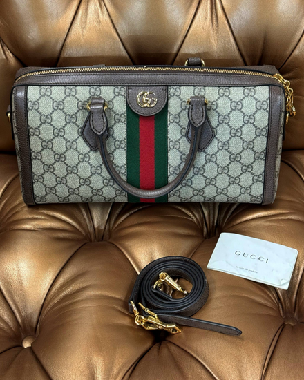 Gucci Ophidia Web Boston Medium Beige Canvas Gold-Tone Hardware Leather Strap  (Bag)