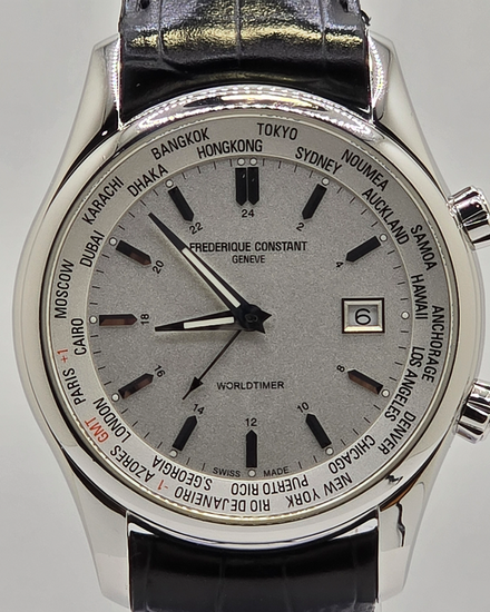 Frederique Constant Geneve Index Worldtimer 43MM Quartz Silver Dial Leather Strap (FC-255X6B4/5/6)