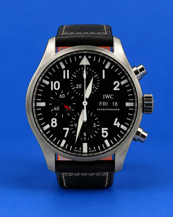 No Reserve - 2016 IWC Schaffhausen Pilot Chronograph 43MM Black Dial Leather Strap (IW377709)