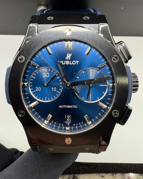 No Reserve - 2019 Hublot Classic Fusion Chronograph 45MM Blue Dial Leather Strap (521.CM.7170.LR)