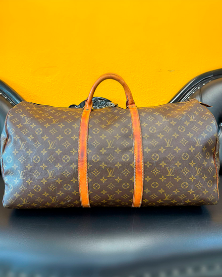 Louis Vuitton Keepall 60 Travel Duffle Bag Large Monogram Canvas Brown Gold Tone Hardware Leather Handles (Bag)