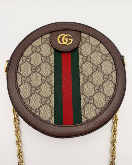 Gucci Ophidia Mini GG Round Coated Canvas/Leather Gold-Tone Hardware Chain Strap (GG Shoulder Bag)