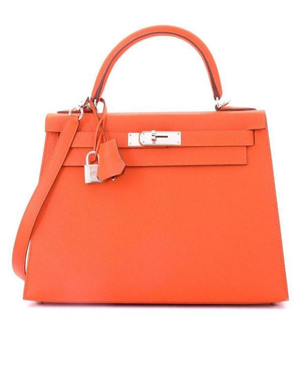 Hermès Kelly II Sellier 28 Medium Orange Leather Palladium Hardware Leather Strap (28)