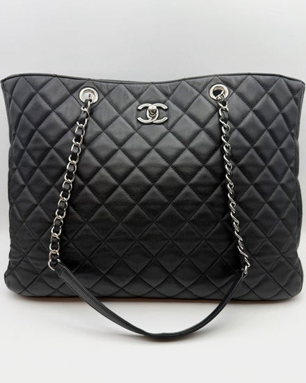 Chanel Classic CC Shopping Tote Large Quilted Leather Black Silver Tone Hardware Chain Leather Strap (Bag)