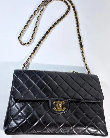 1996 Chanel Jumbo Bag Circa Black Leather Gold-Tone Hardware (Bag)