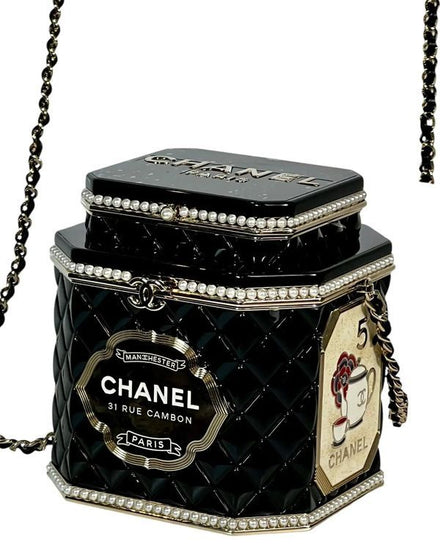 Chanel Bag Tea Caddy Minaudière Small Black Resin Gold-Tone Hardware Chain Strap (AS4884)