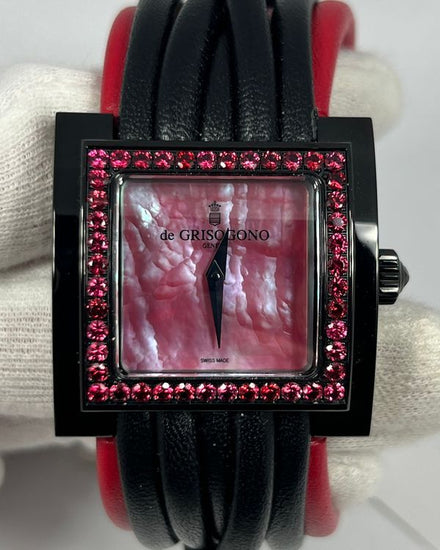 De Grisogono Allegra Acier 34MM Quartz Pink Mother of Pearl Dial Leather Strap (AW-S04)