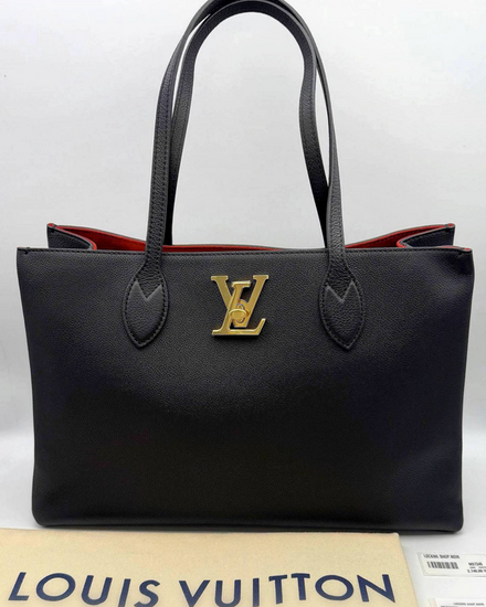 Louis Vuitton Lockme Shopper Tote Black Leather Gold-Tone Hardware Leather Strap (M57345)